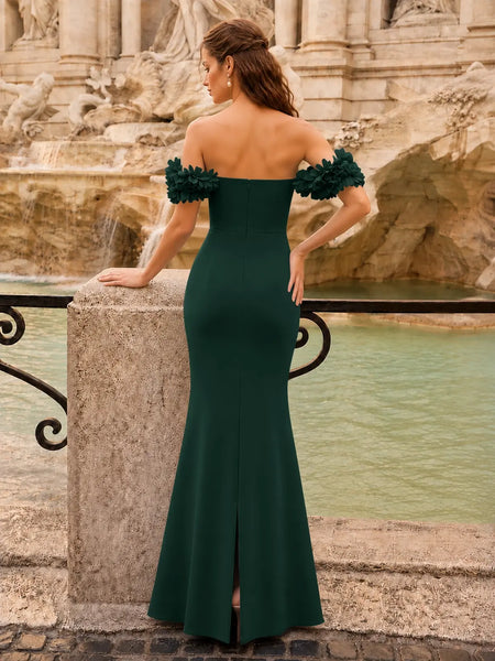 Off-the-Shoulder Prom Dress with 3D Floral Straps