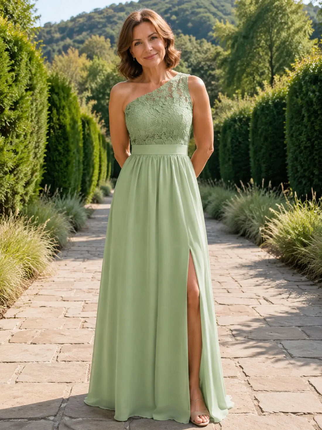 One-shoulder lace mother of the groom dress with slit 