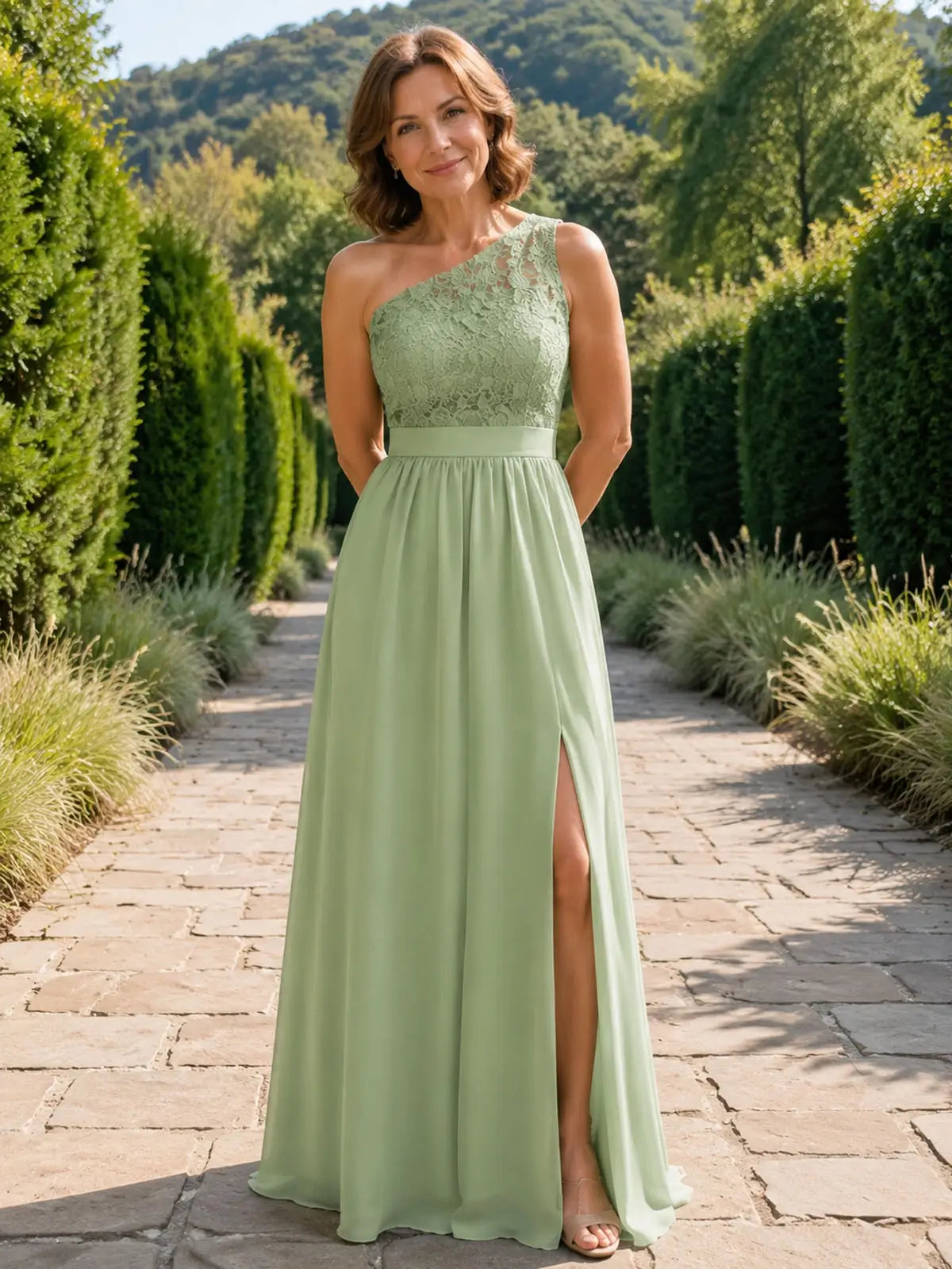 One-shoulder lace mother of the groom dress with slit 