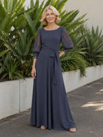 Chiffon Mother of the Bride Dress with Lace Applique Puff Sleeves 