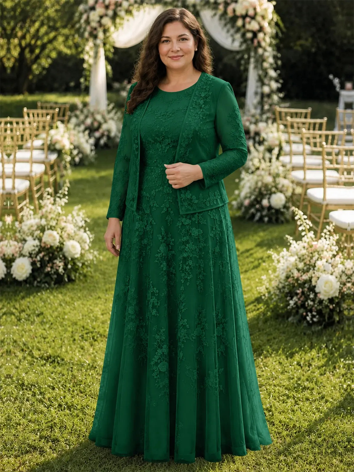 Two-Piece Lace Mother of the Bride Dress with Long Sleeves-Plus Size 