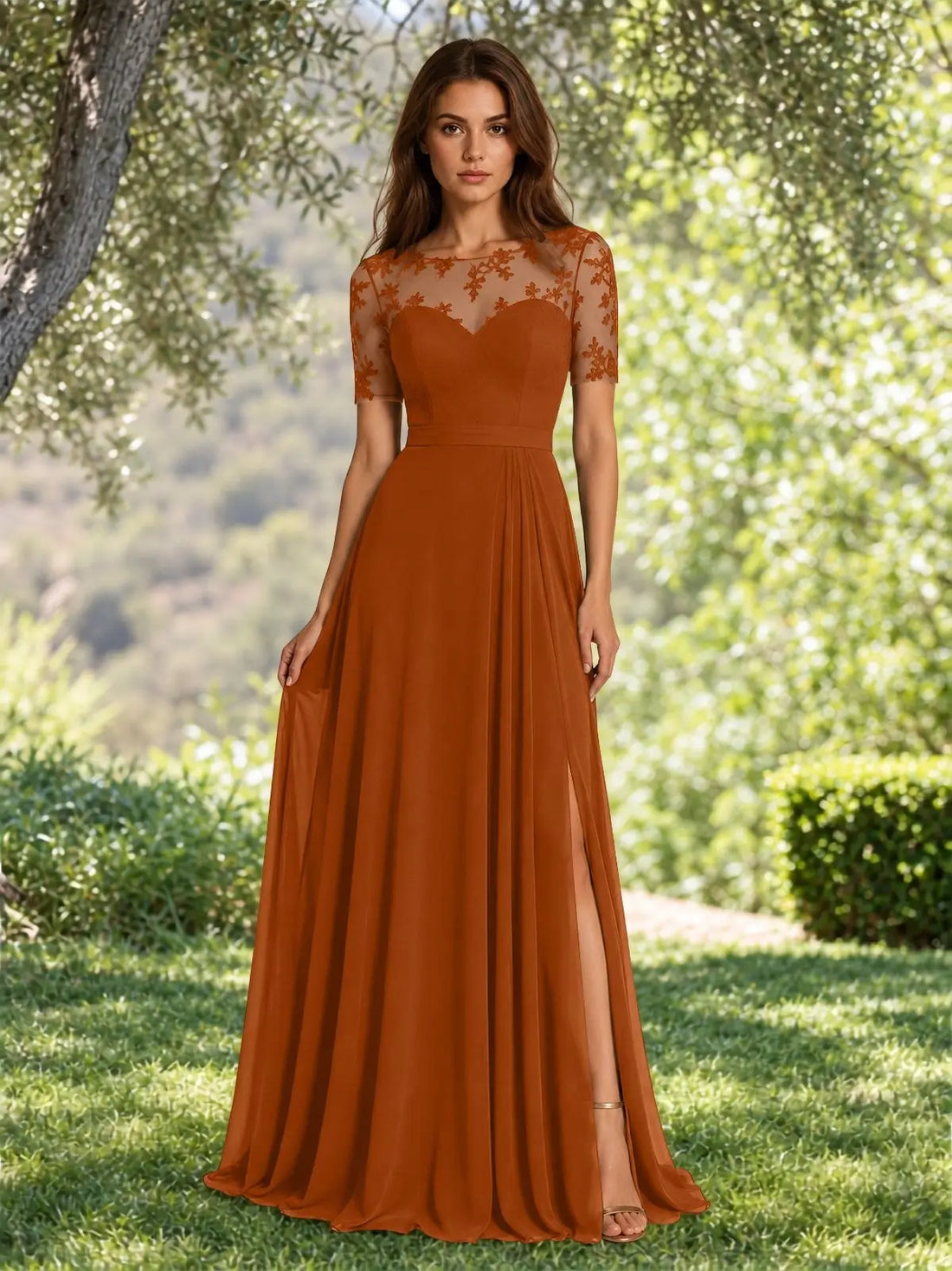 Lace Mother of the Bride Dress with Illusion Neckline 