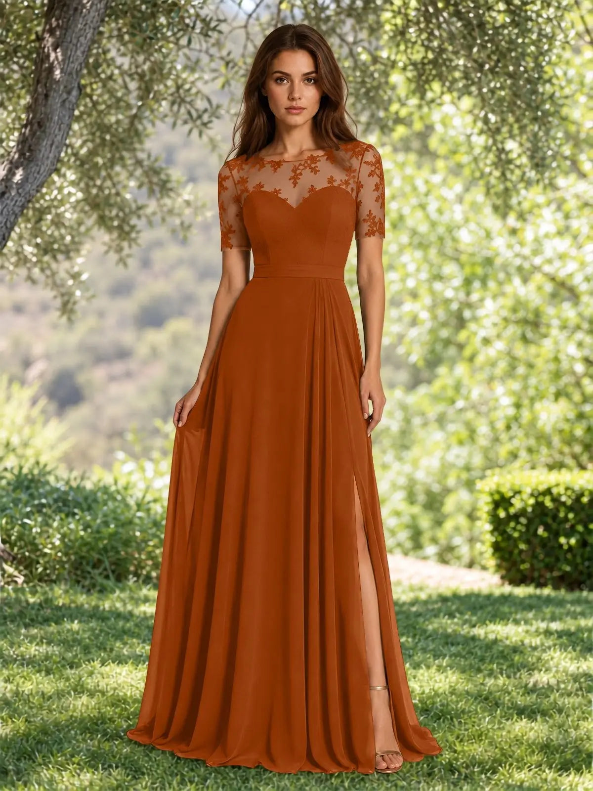 Lace Mother of the Bride Dress with Illusion Neckline 