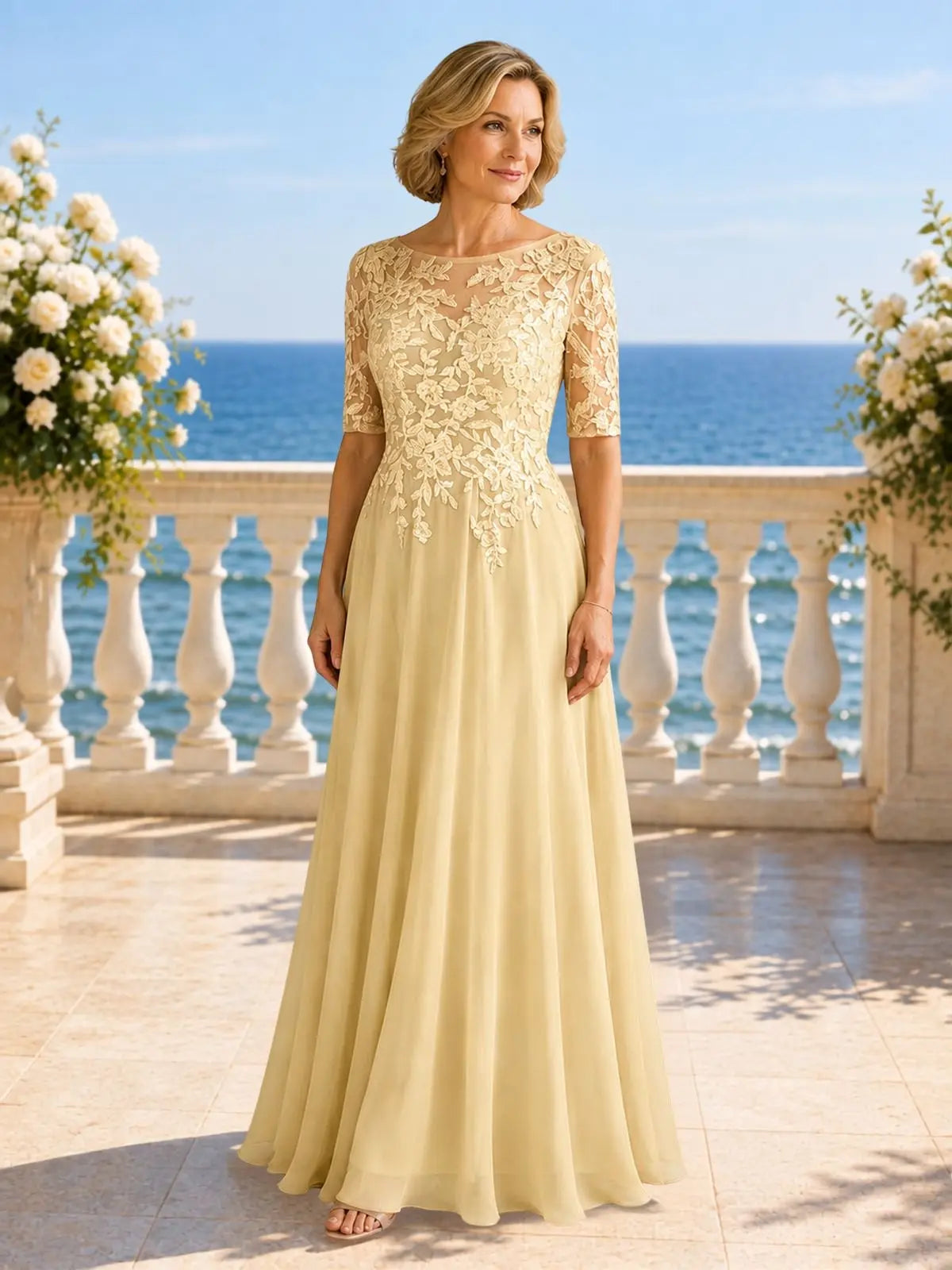 Applique Half Sleeves Chiffon Dress 