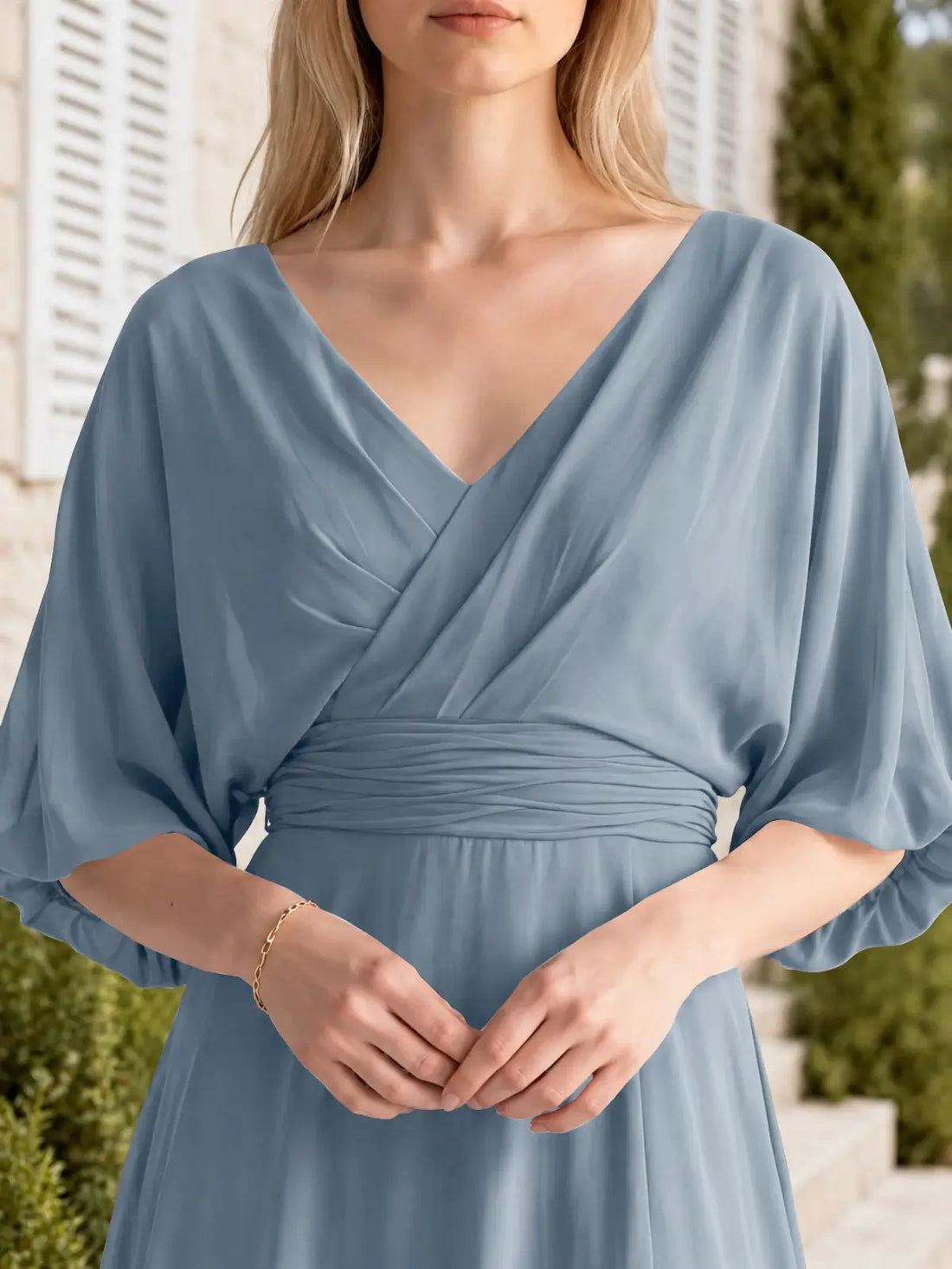 V-neck Slit Ruched Mother of the Bride Dress