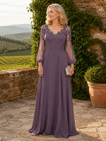 V‑neck Mother of The Bride Dress with Long Illusion Puff Sleeves
