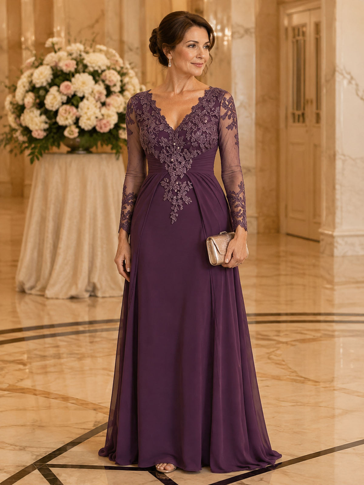 Empire Waist Mom Dress with Scalloped Lace Trim V‑neckline