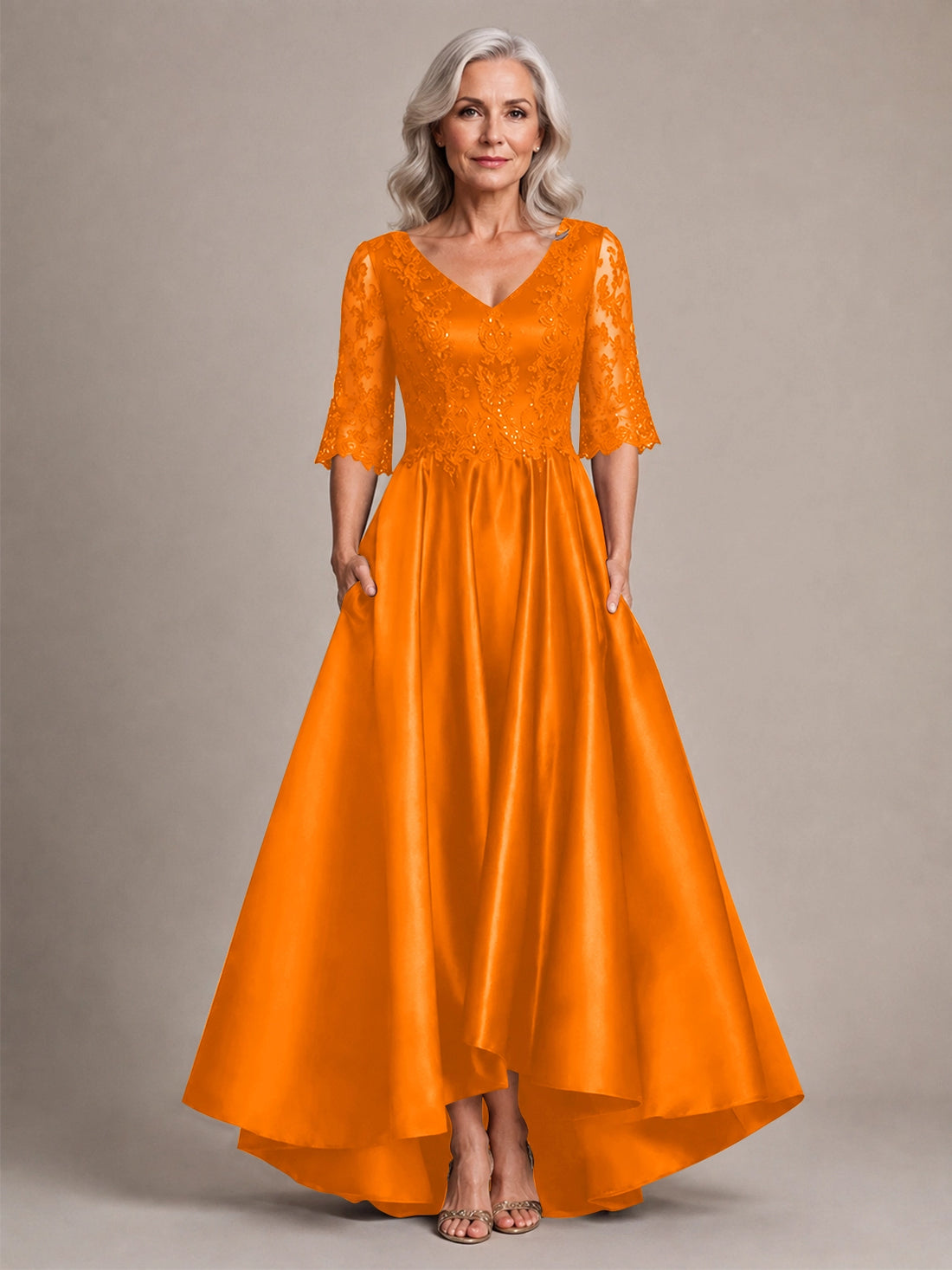 Satin Mother of the Bride Dress with Lace Sleeves 