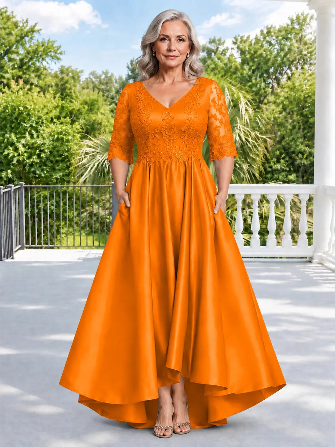 Satin Mother of the Bride Dress with Lace Sleeves-Plus Size 
