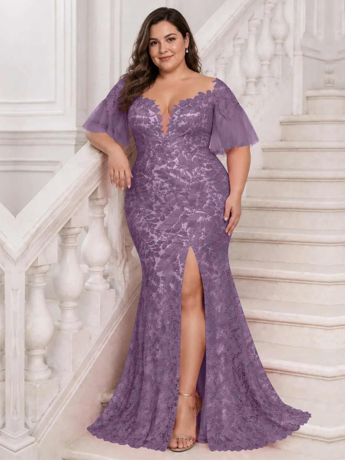 Mermaid Mother of the Bride Dress with V-neck-Plus Size 