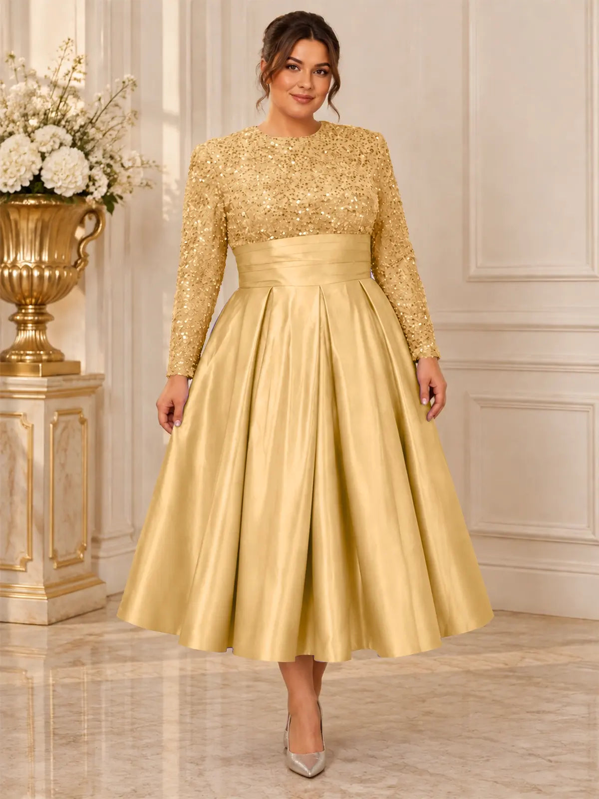 Sequined Mother Dress with Pockets-Plus Size 