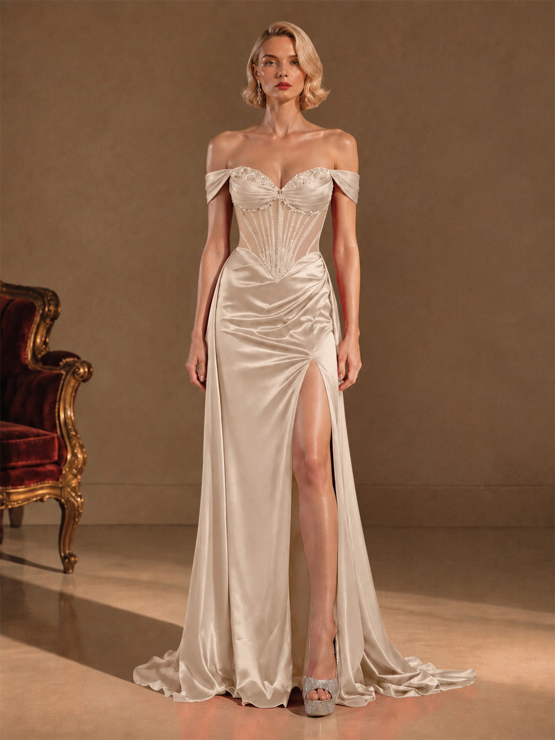 Silk-like Prom Dress with Crystal Detailing 