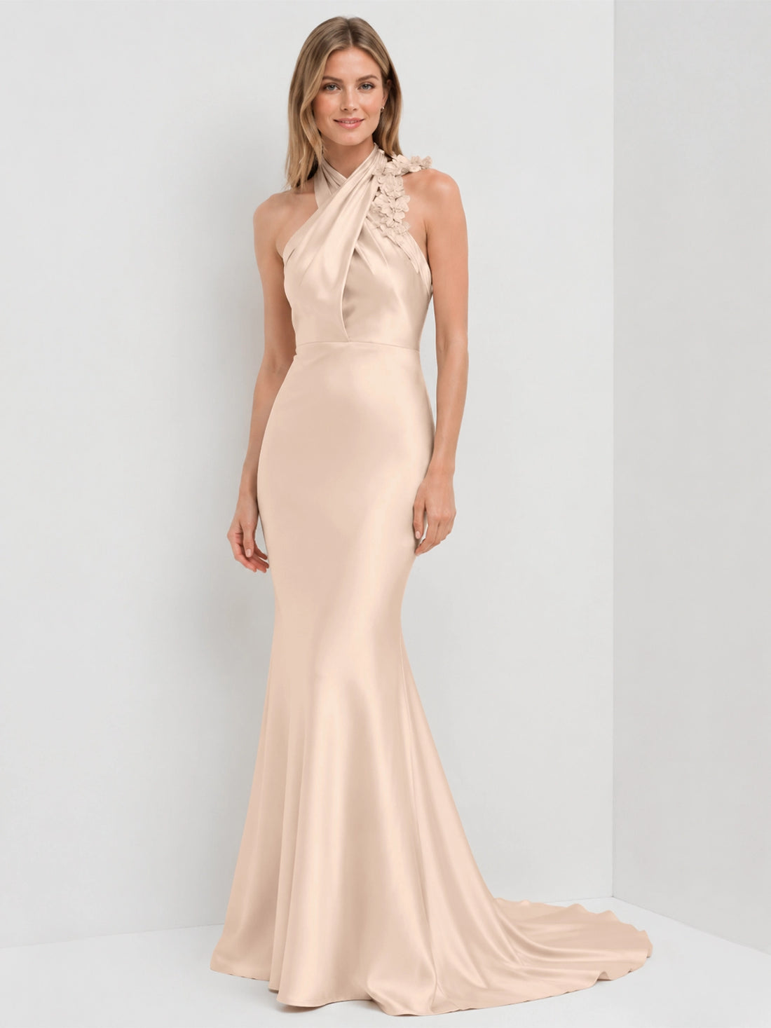 Silk-like Bridesmaid Dress with 3D Floral 