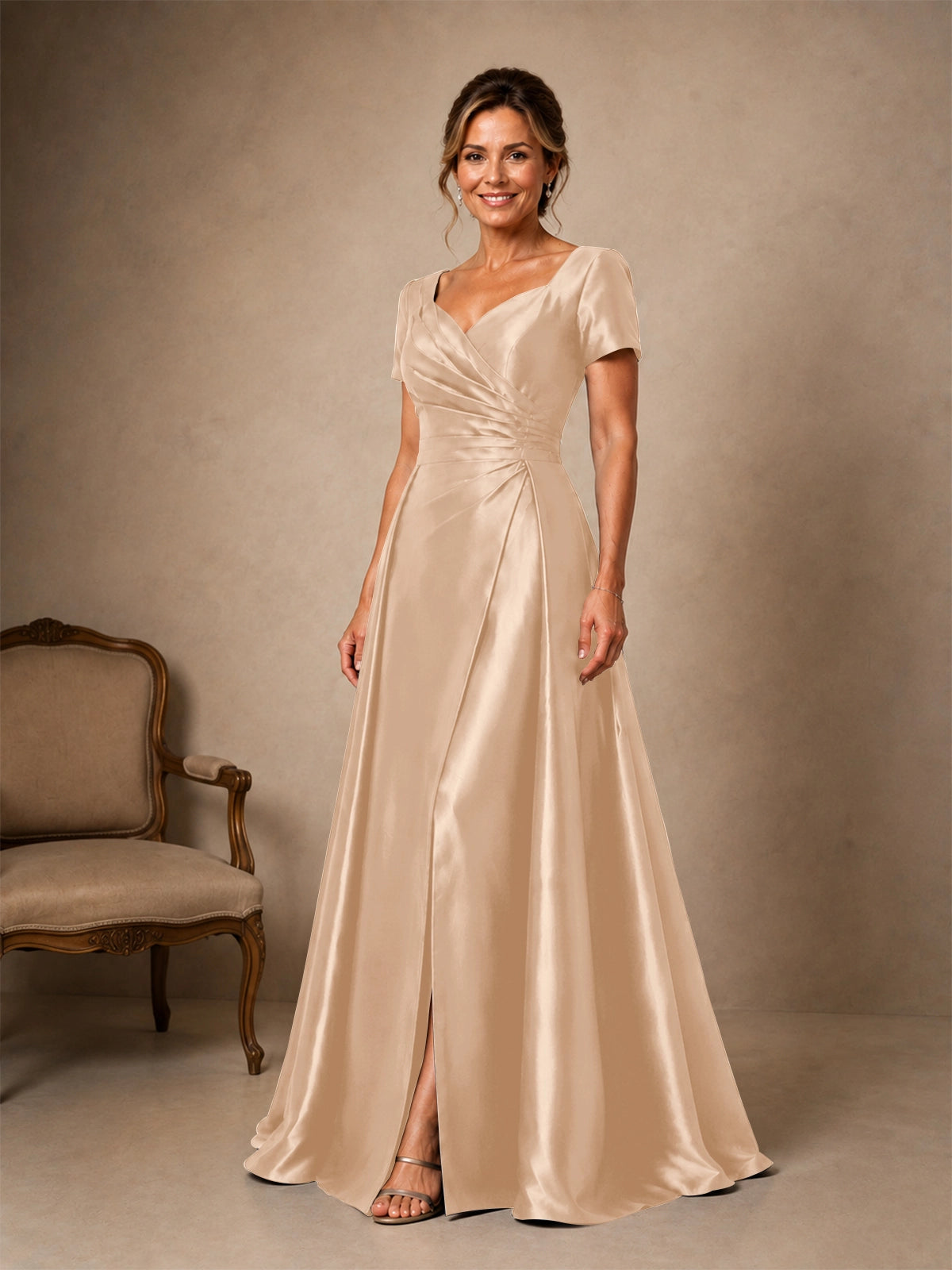 Silk-like Prom Dress with Short Sleeves 