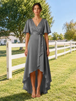 V-neck Bridesmaid Dress with Flutter Sleeves
