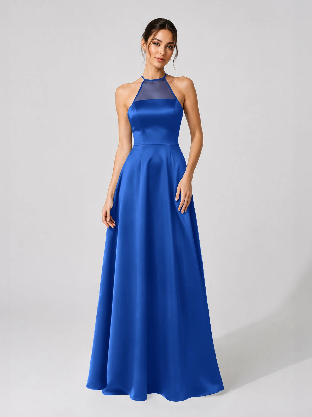 Satin Bridesmaid Dress with Illusion Halter Neck 