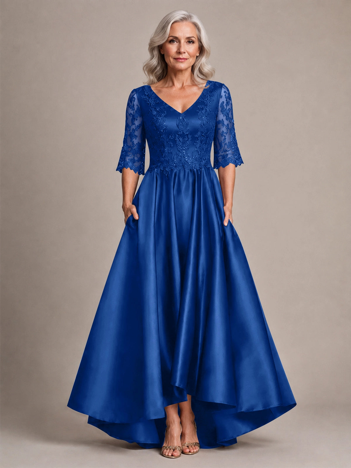 Satin Mother of the Bride Dress with Lace Sleeves 