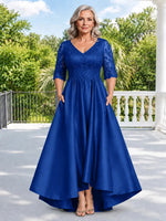 Satin Mother of the Bride Dress with Lace Sleeves-Plus Size 