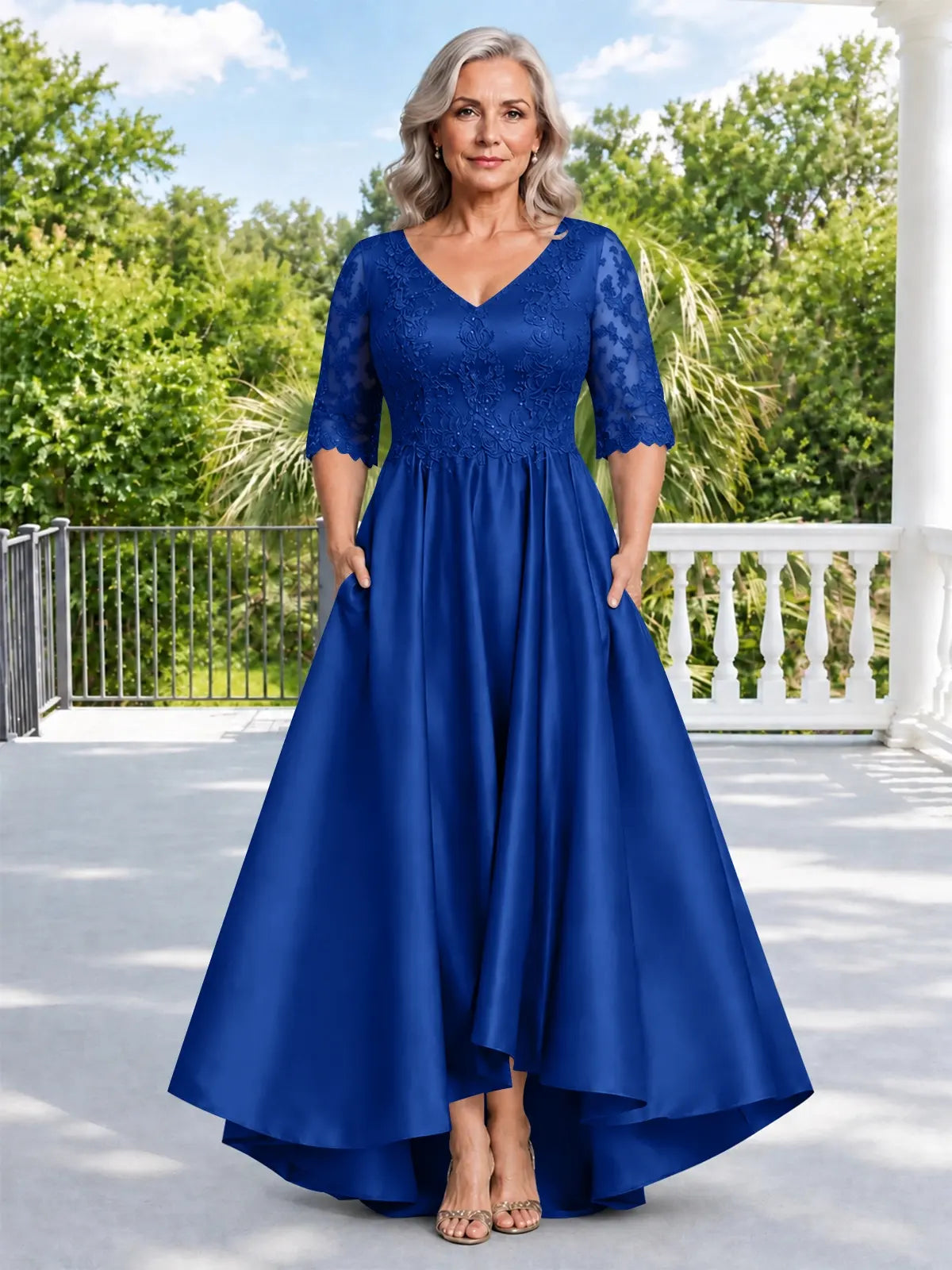 Satin Mother of the Bride Dress with Lace Sleeves-Plus Size 