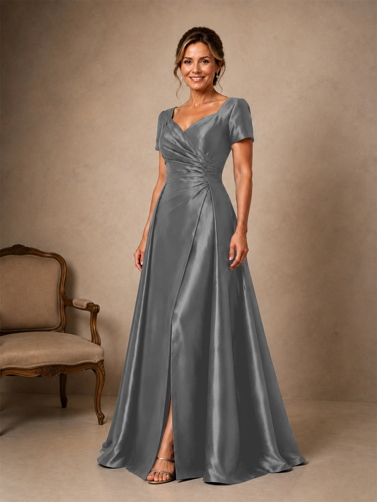 Silk-like Prom Dress with Short Sleeves 