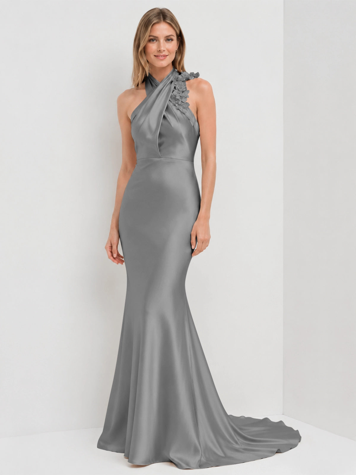 Silk-like Bridesmaid Dress with 3D Floral 