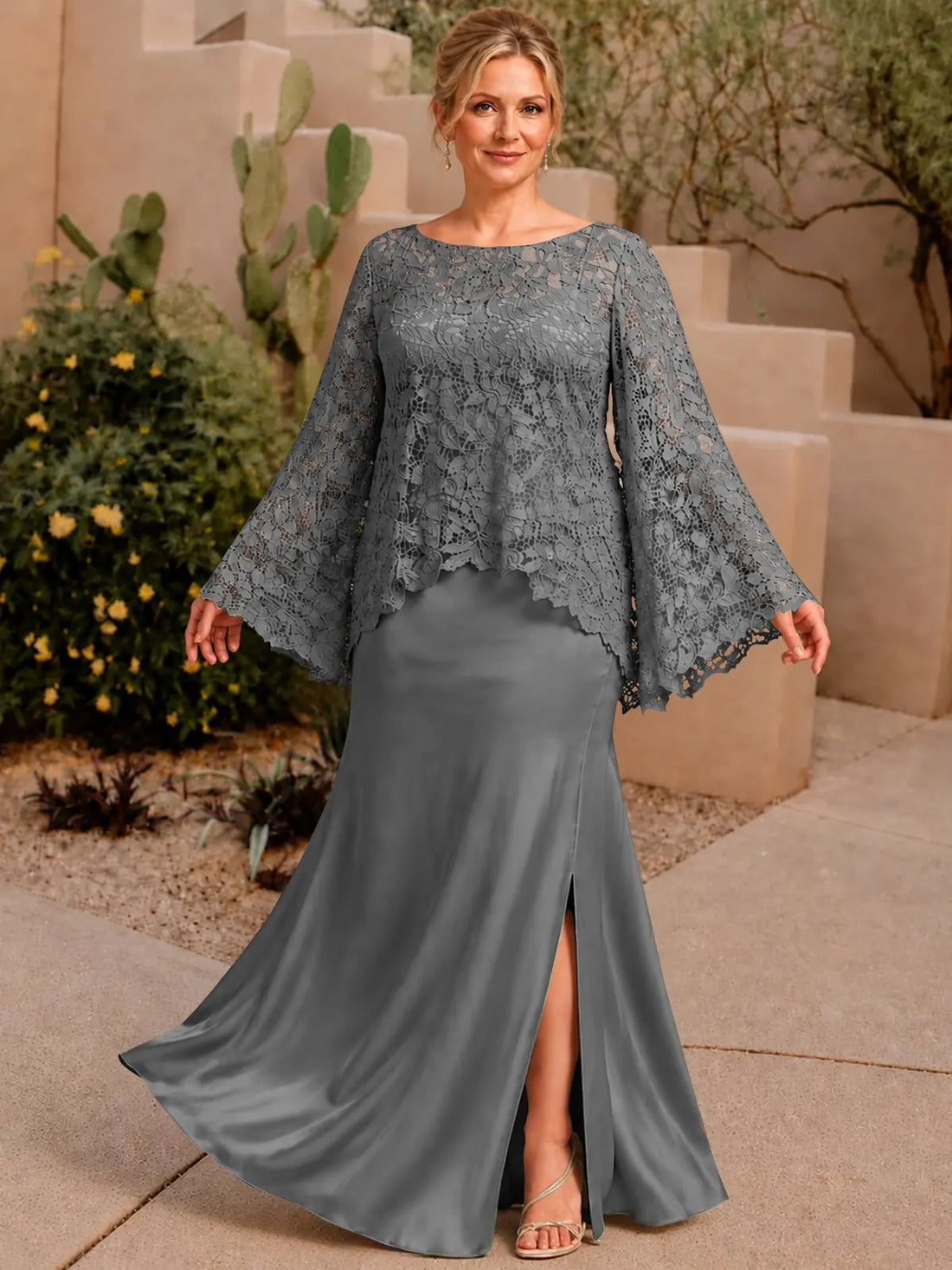 Two-piece Mother of the Bride Dress with Lace Top-Plus Size 