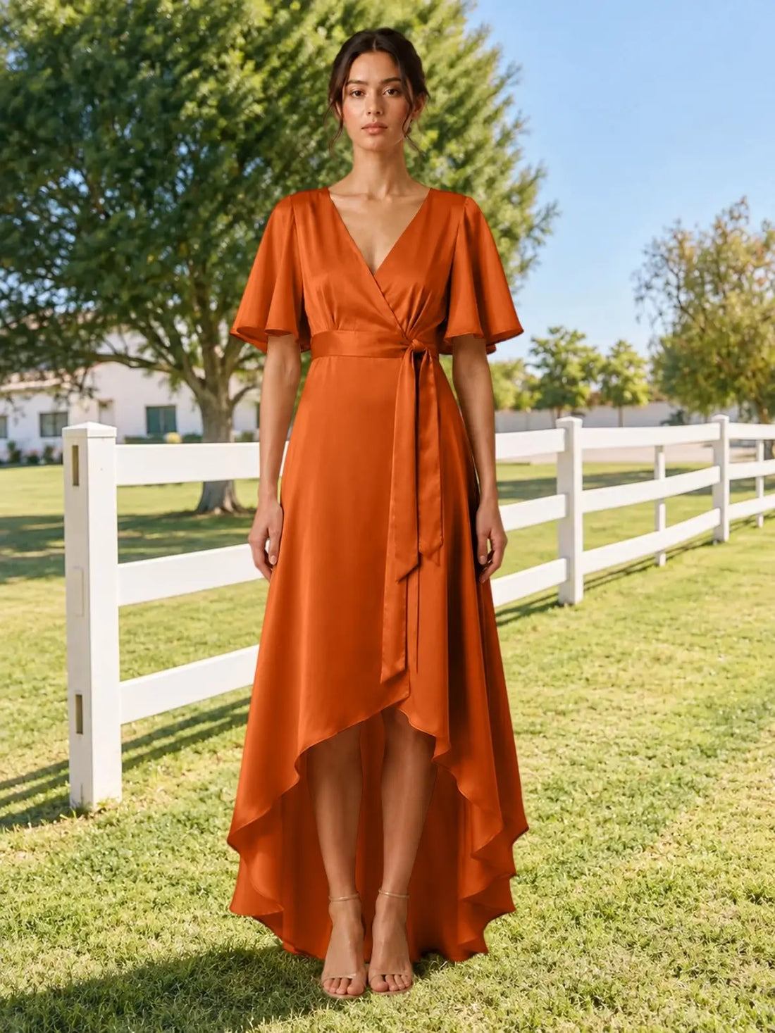 V-neck Bridesmaid Dress with Flutter Sleeves