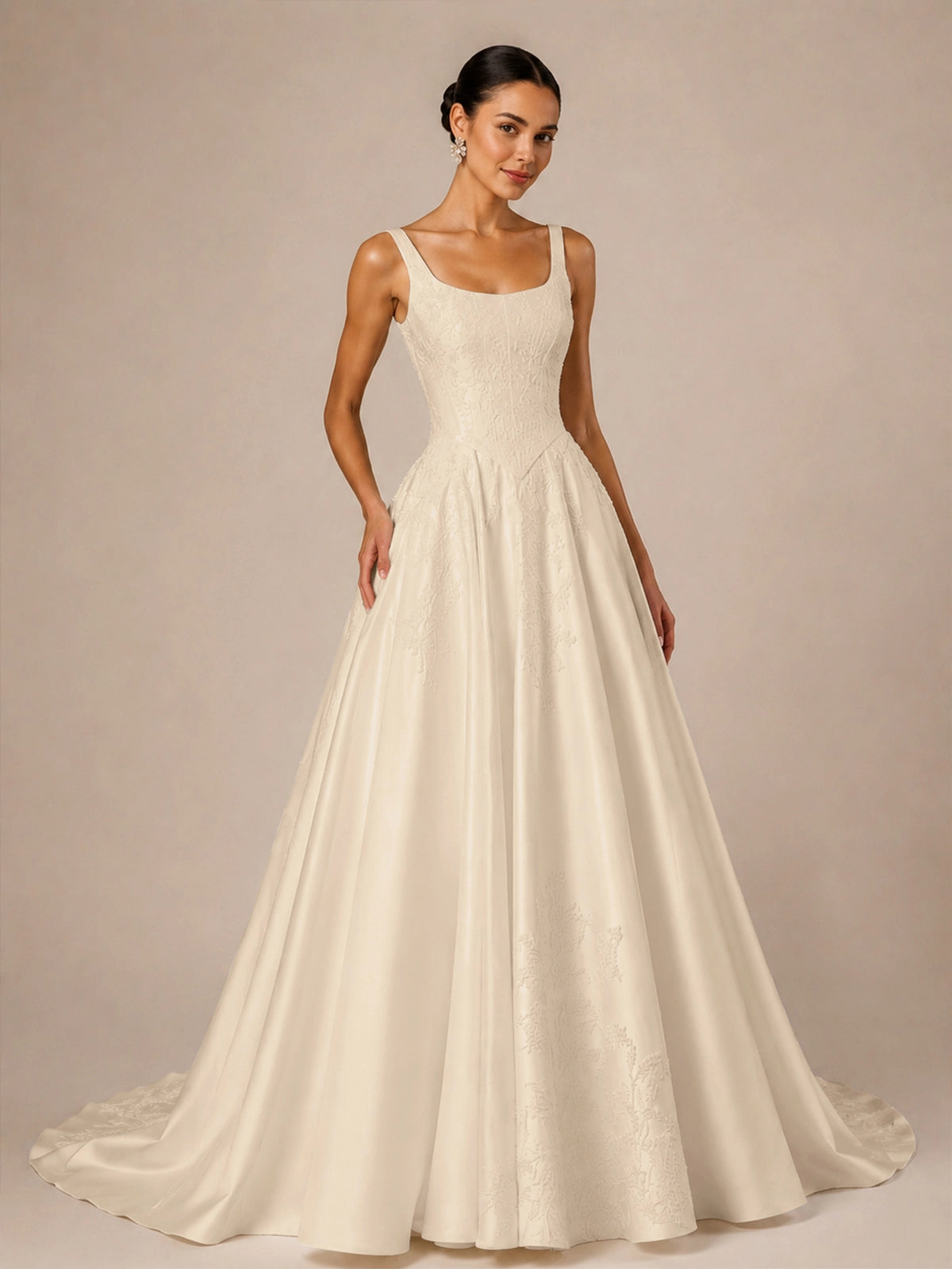 Stretch Crepe Wedding Dress with Lace Embroidery 