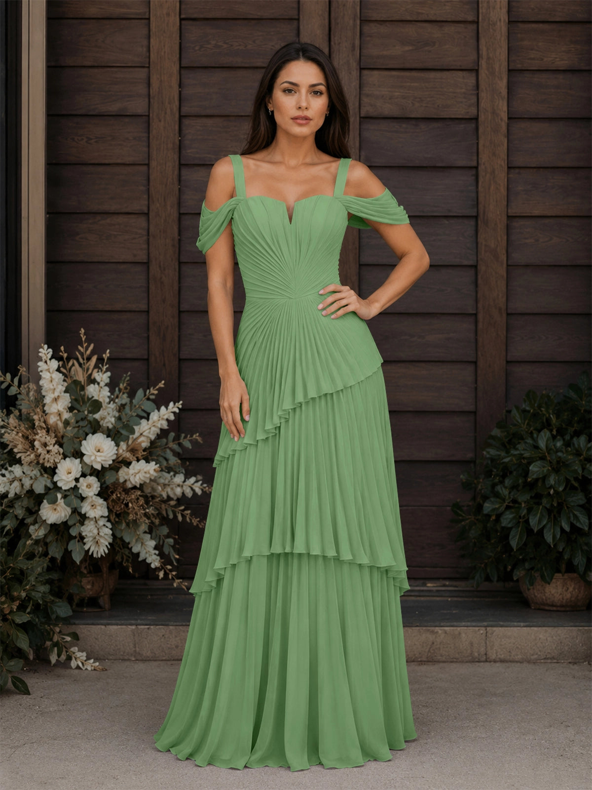 Chiffon Bridesmaid Dress with Cold-Shoulder 