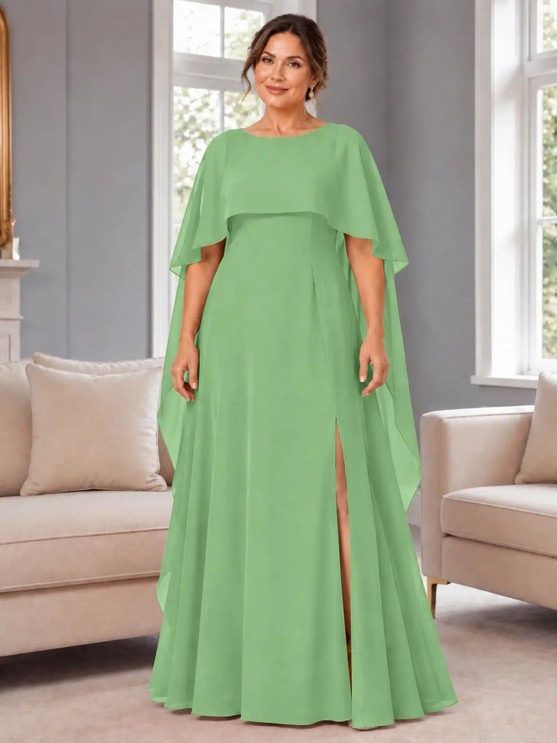 Chiffon Mother of the Bride Dress with Cape Overlay-Plus Size 