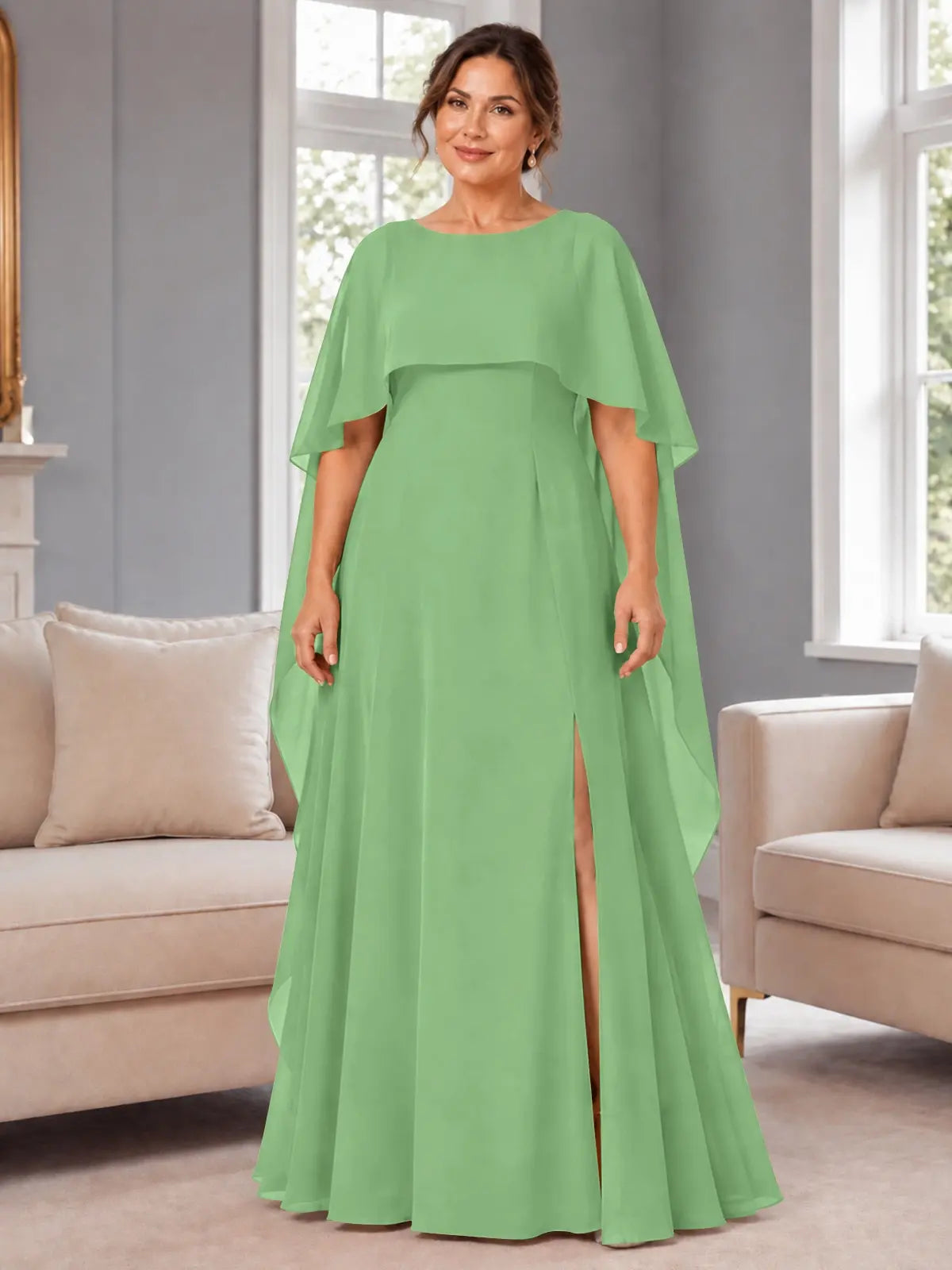 Chiffon Mother of the Bride Dress with Cape Overlay-Plus Size 