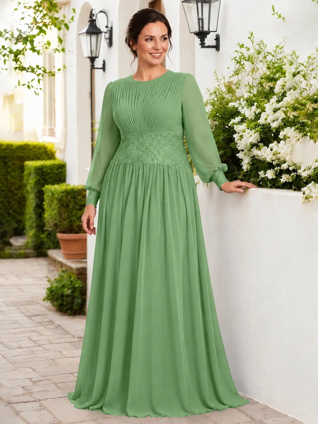Chiffon Mother of the Bride Dress with Jewel Neckline-Plus Size 