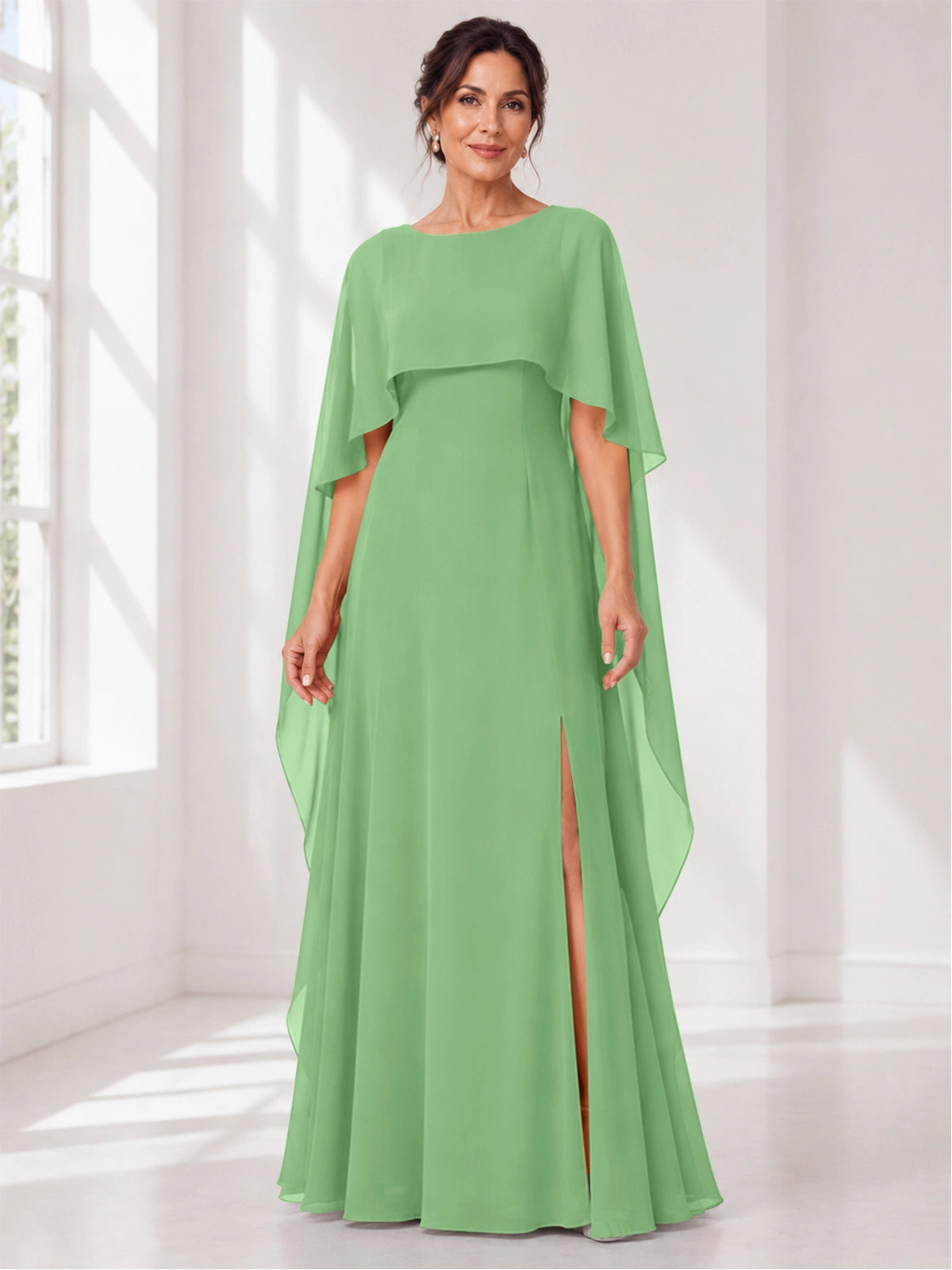 Chiffon Mother of the Bride Dress with Cape Overlay 