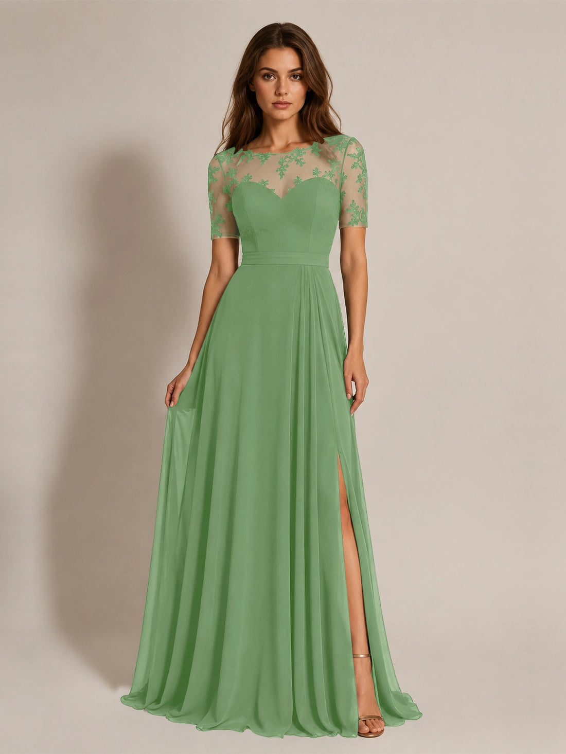 Lace Mother of the Bride Dress with Illusion Neckline 