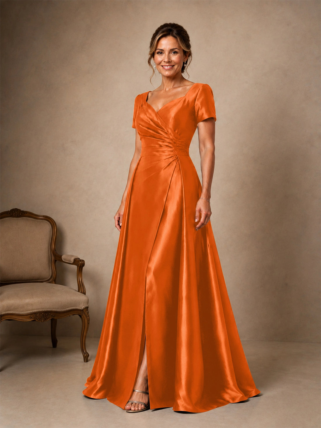 Silk-like Prom Dress with Short Sleeves 