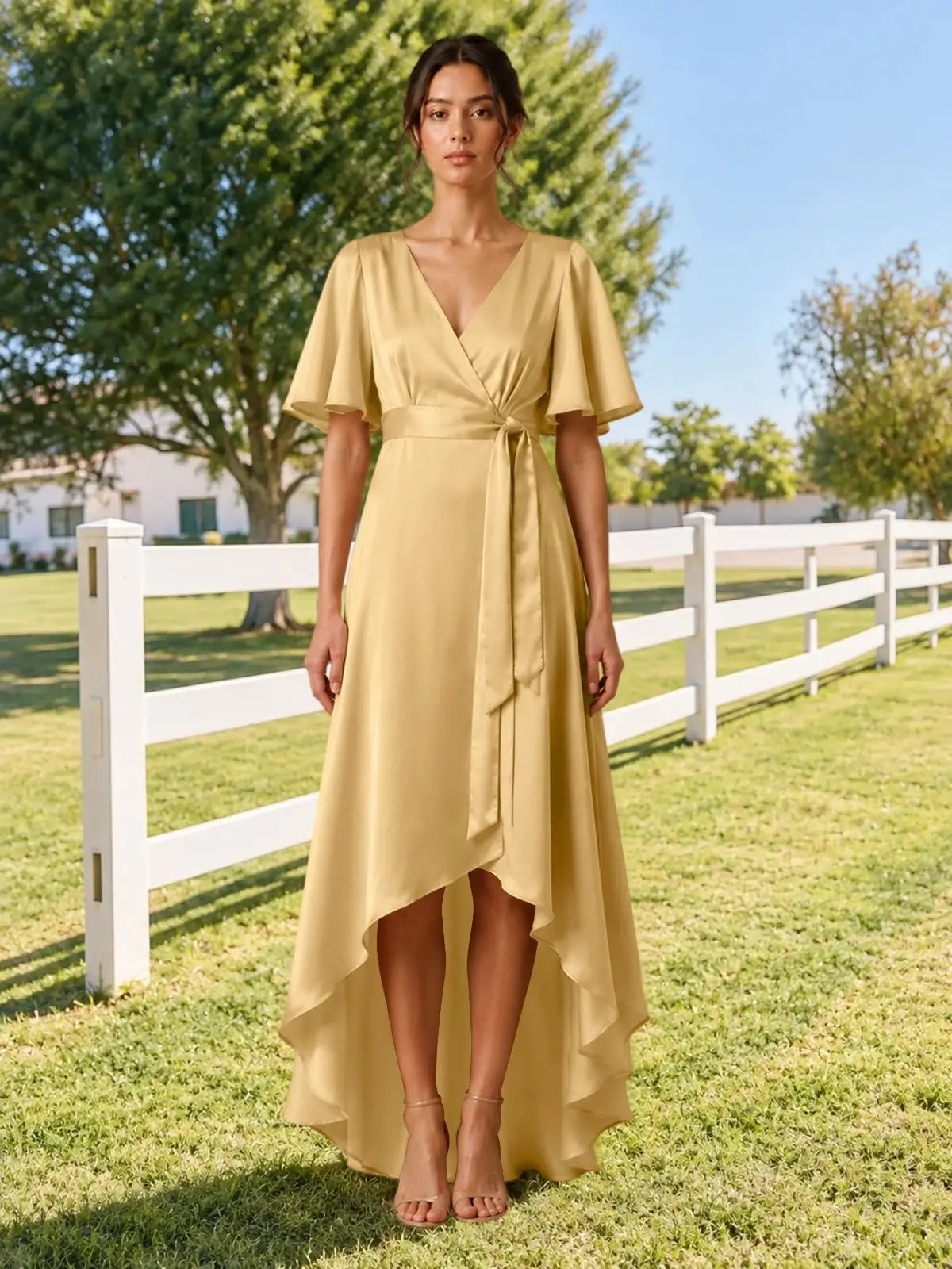 V-neck Bridesmaid Dress with Flutter Sleeves