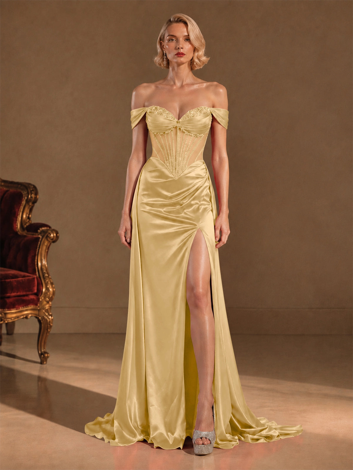 Silk-like Prom Dress with Crystal Detailing 