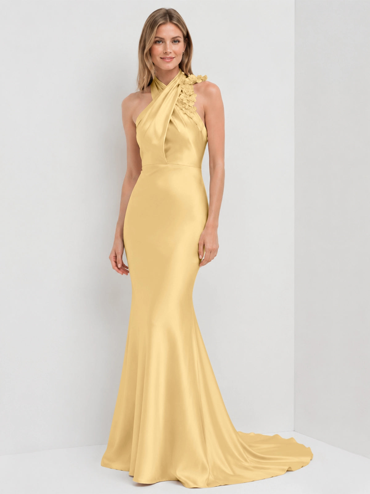Silk-like Bridesmaid Dress with 3D Floral 