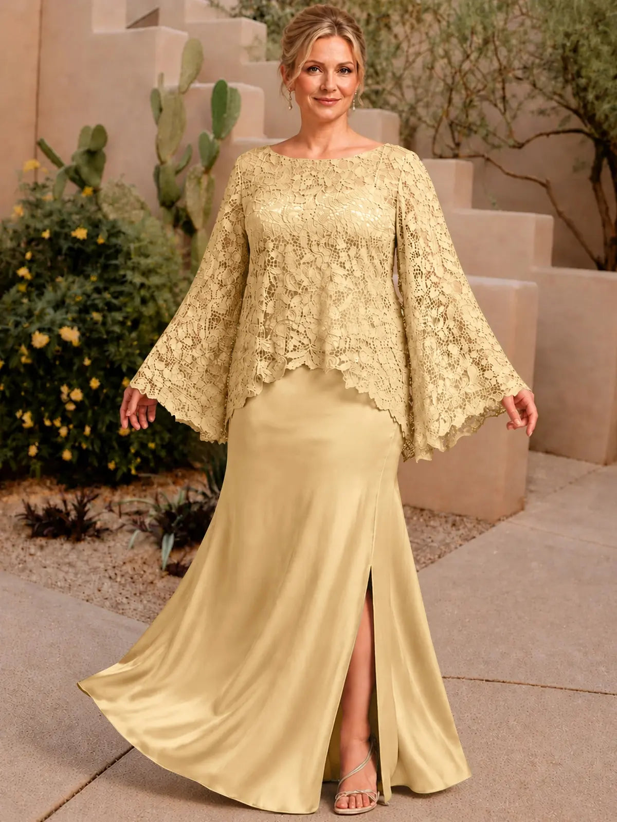 Two-piece Mother of the Bride Dress with Lace Top-Plus Size 