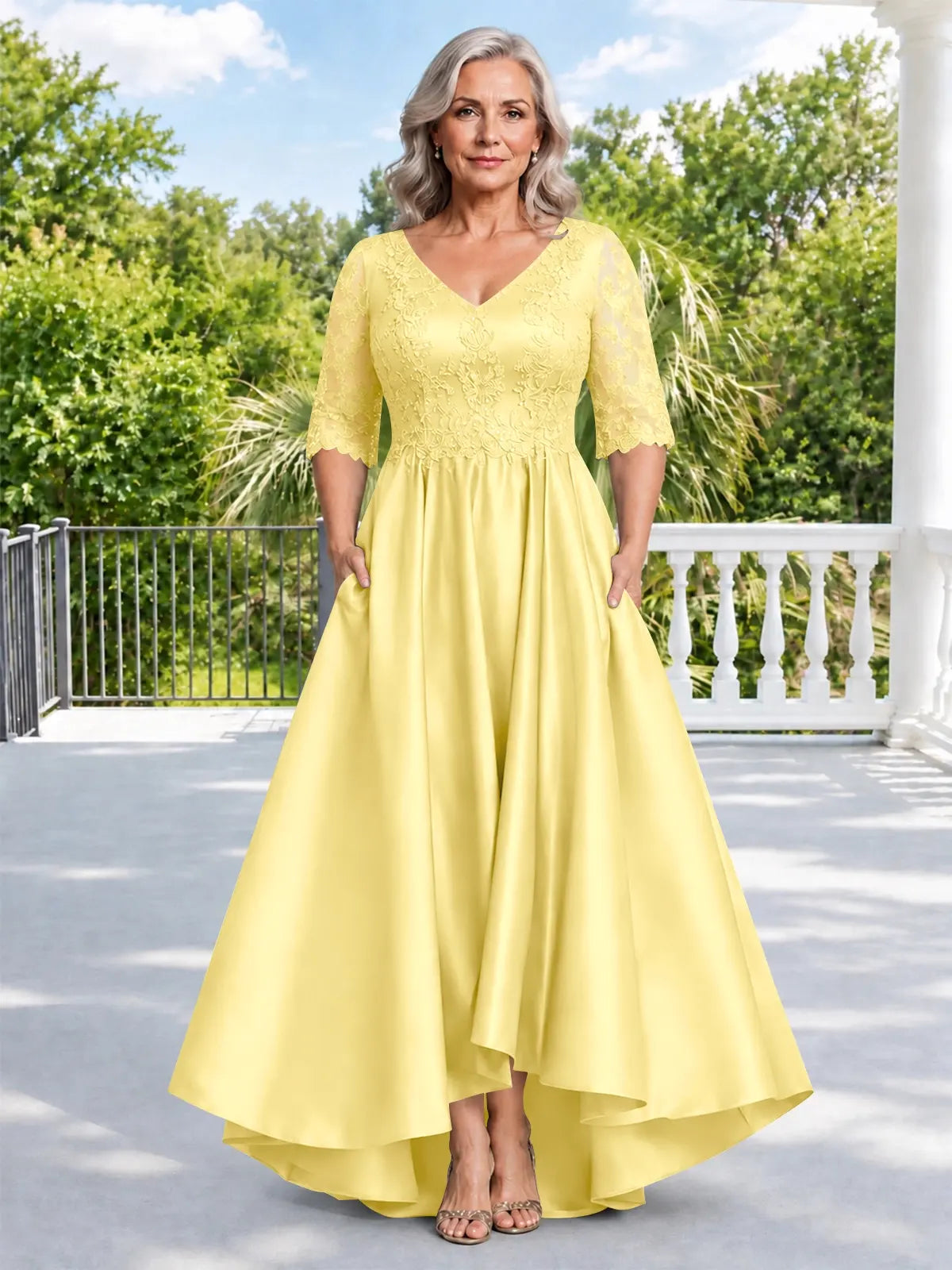 Satin Mother of the Bride Dress with Lace Sleeves-Plus Size 