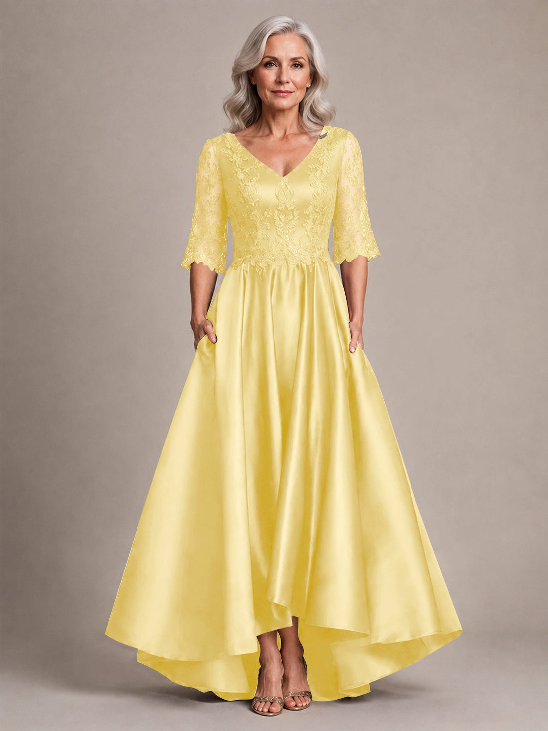Satin Mother of the Bride Dress with Lace Sleeves 