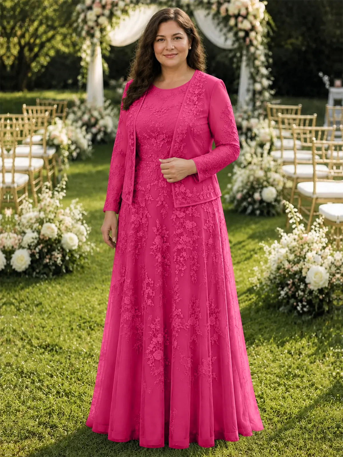 Two-Piece Lace Mother of the Bride Dress with Long Sleeves-Plus Size 