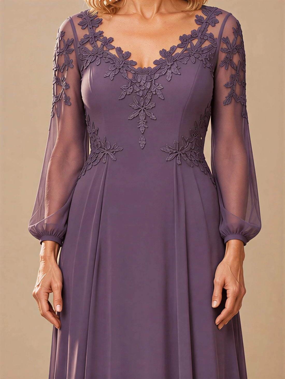 V‑neck Mother of The Bride Dress with Long Illusion Puff Sleeves