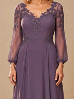 V‑neck Mother of The Bride Dress with Long Illusion Puff Sleeves