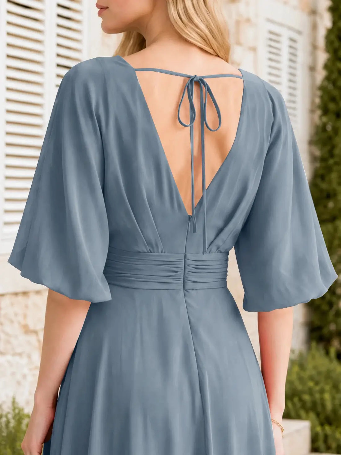 V-neck Slit Ruched Mother of the Bride Dress