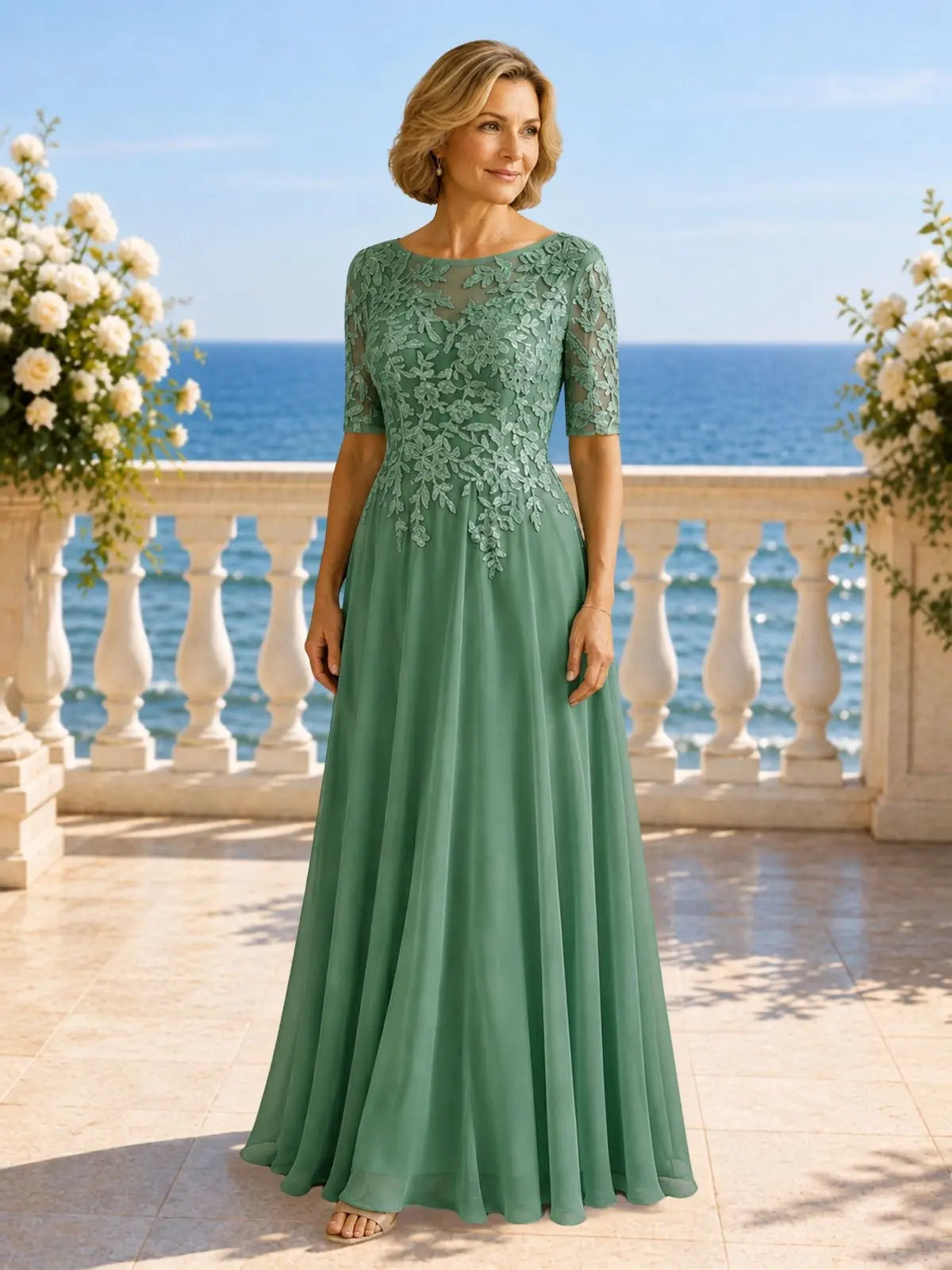 Applique Half Sleeves Chiffon Dress 