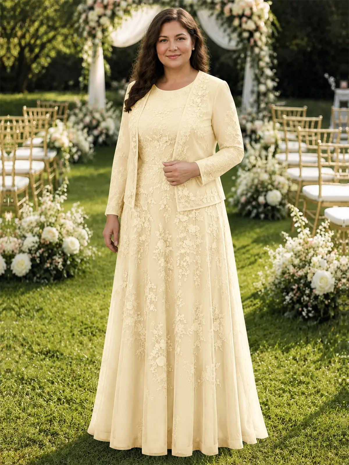 Two-Piece Lace Mother of the Bride Dress with Long Sleeves-Plus Size 