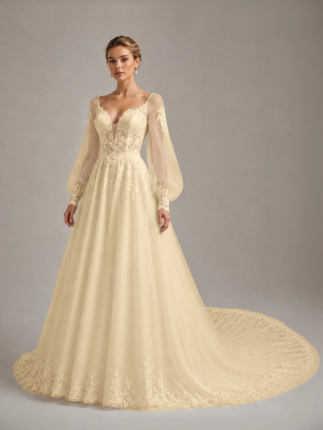 Tulle Wedding Dress with Lace-Trimmed Train 