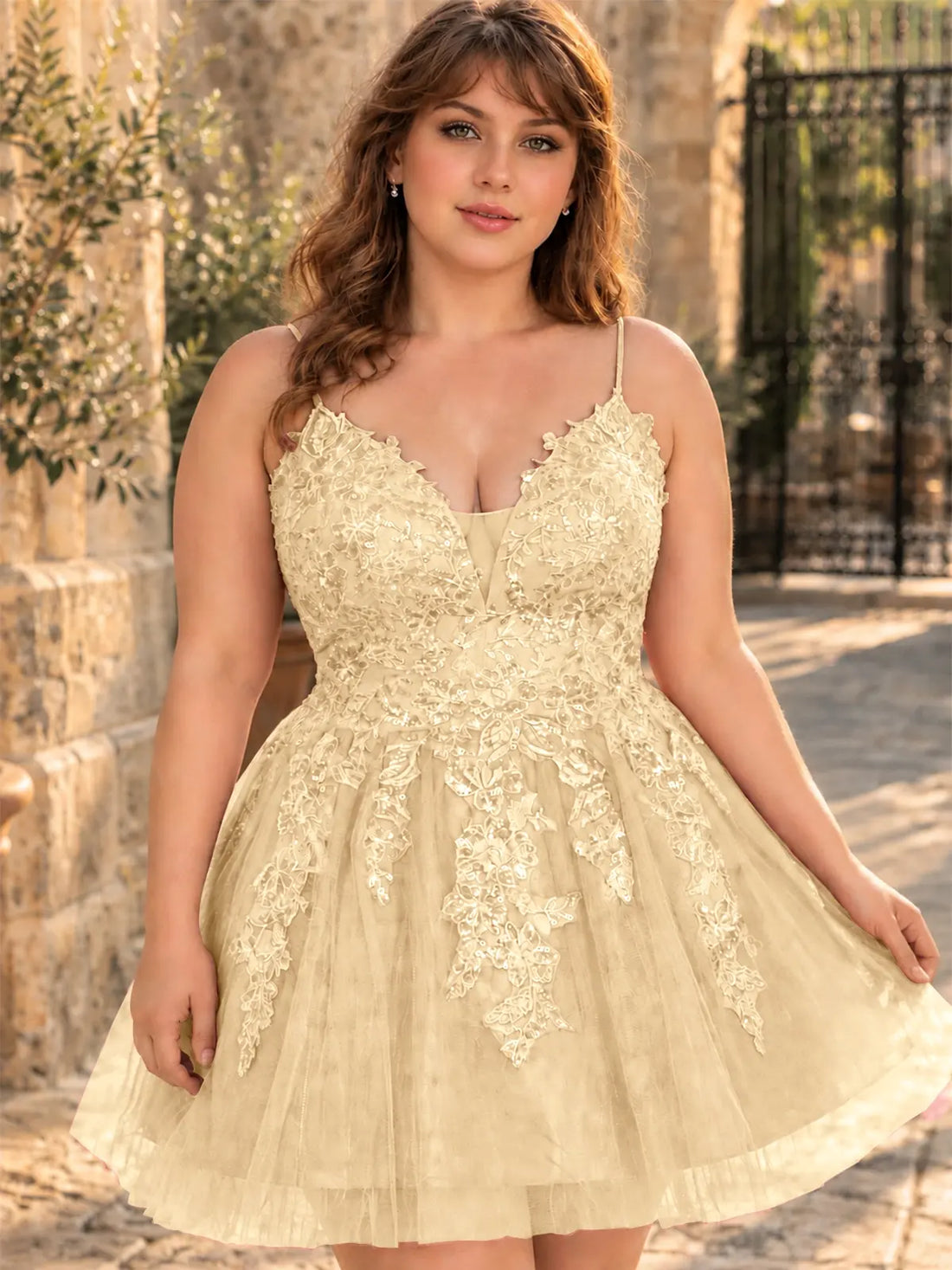 Applique Soft Tulle Mini Dress-Plus Size 