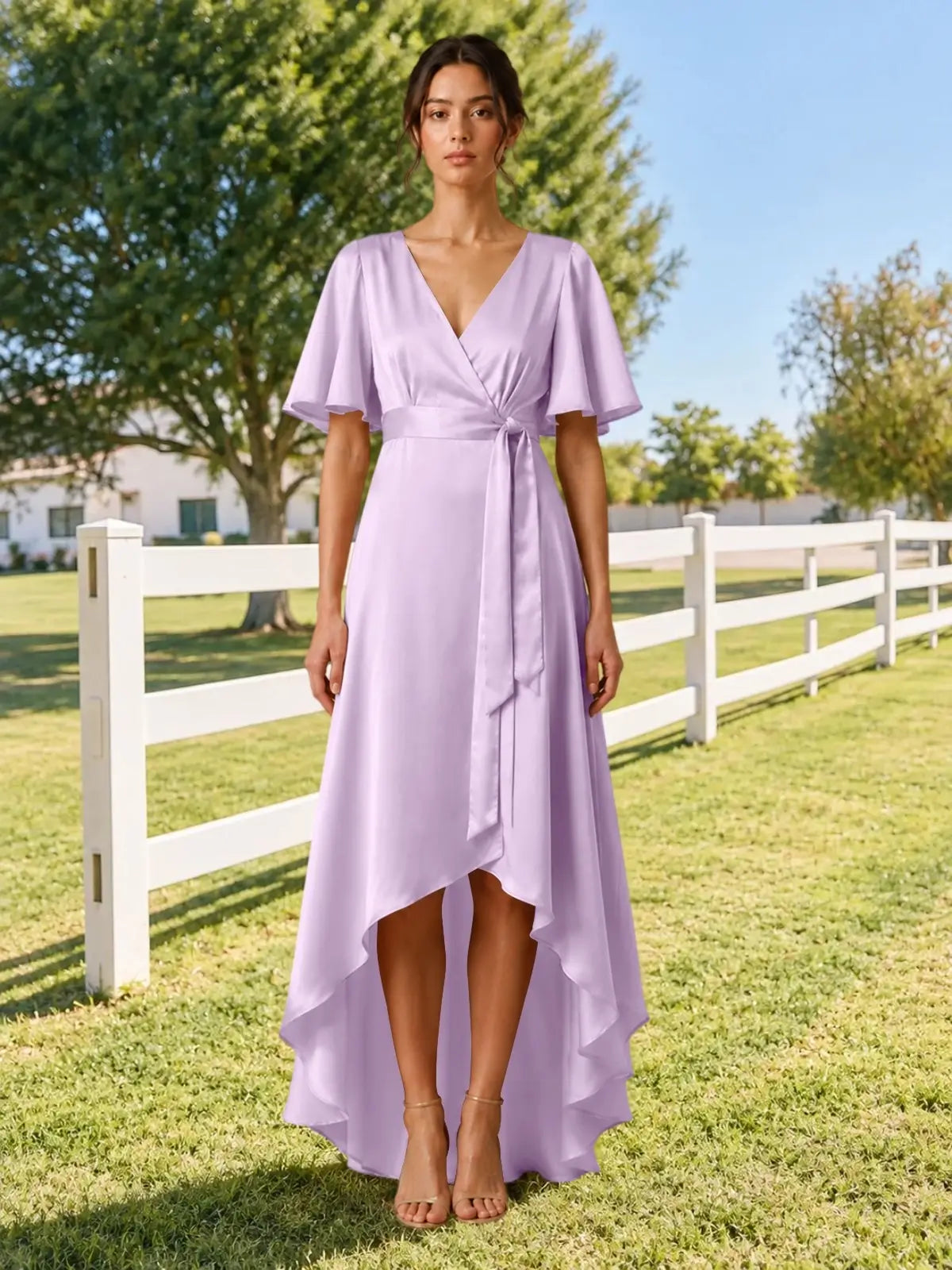 V-neck Bridesmaid Dress with Flutter Sleeves